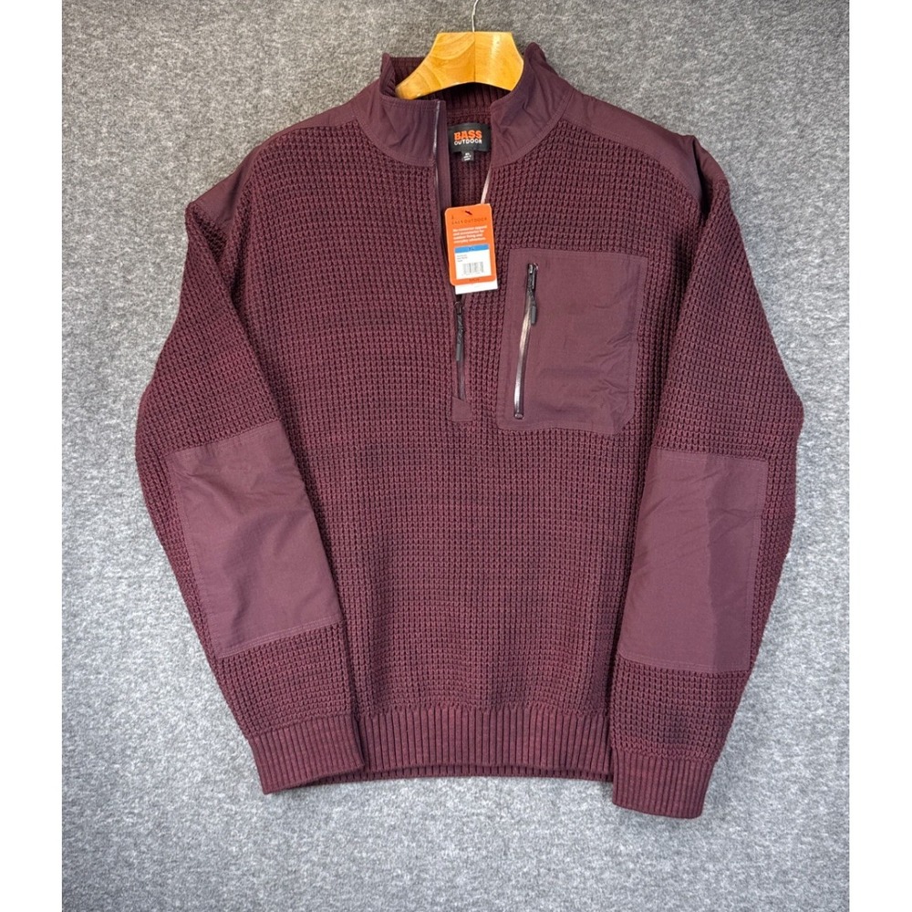 NWT Bass Outdoor Mixed Sweater Mens XL Fudge Heavy Knit 1/4 Zip Preppy Pullover